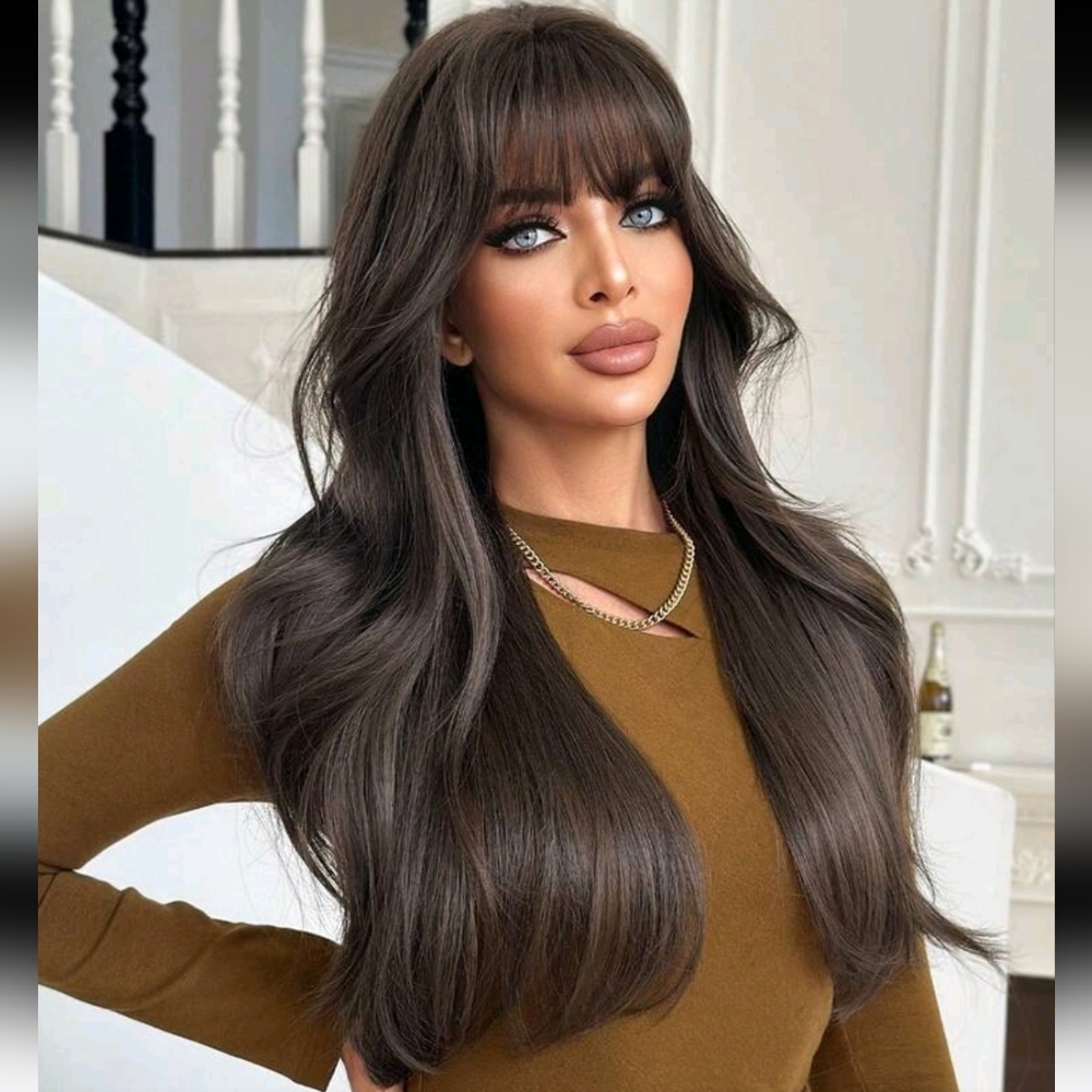 Long Layered Women's Wig with Bangs - Dark Brown 28 Inch